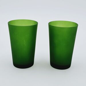 Vintage Juice Glass Frosted Emerald Green Set of 2 Unmarked Heavy Glass 4.25" T
